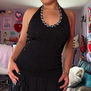 Vintage Y2K black sequin / beaded halter top